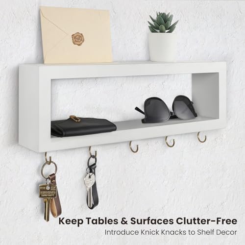 Lwenki Wall Shelf with Hooks - Decorative Key and Wallet Holder for Wall Holds Sunglasses, Leashes, Scarves and Lanyards - 15.7" x 5.1" x 2.9" Entryway Organizer Made of Paulownia Wood (White) by Lwenki - Image 4