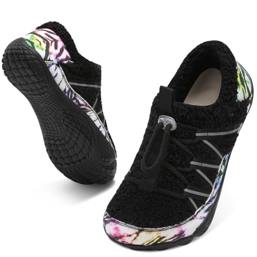 relxfeet Women's Wide Width Slippers Cozy Furry Barefoot House Shoes with Adjustable Fit Non-Slip Indoor Outdoor Slippers for Diabetic Bunion Swollen Feet Friendly