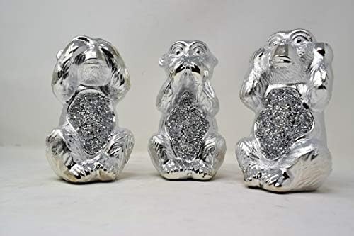 Amazing Gift Crystal Crown leonardo Three Wise Monkeys Crushed Diamond Silver Ornament, Shiny Silver Ceramic Monkeys ornaments