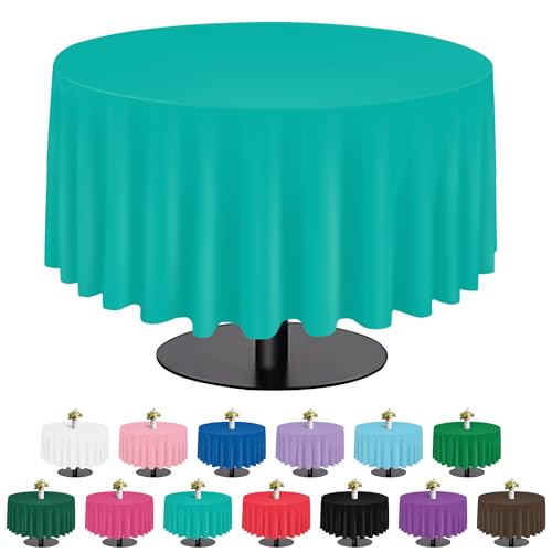 Image of Teal 6 Pack Plastic Table Cloth 84 inch, Disposable Round Tablecloth Table Cover, Plastic Tablecloths for Parties