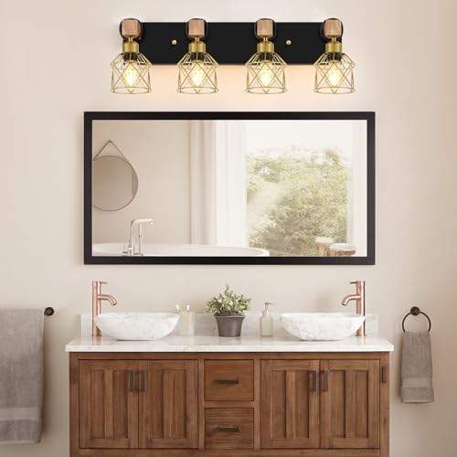 Image of FadimiKoo Farmhouse Bathroom Vanity Light Fixtures, 4-Light Wood Bathroom Lighting Over Mirror, Rustic Black Gold Sconces Wall Lighting with Metal Lampshade for Living Room, Bedroom, Hallway