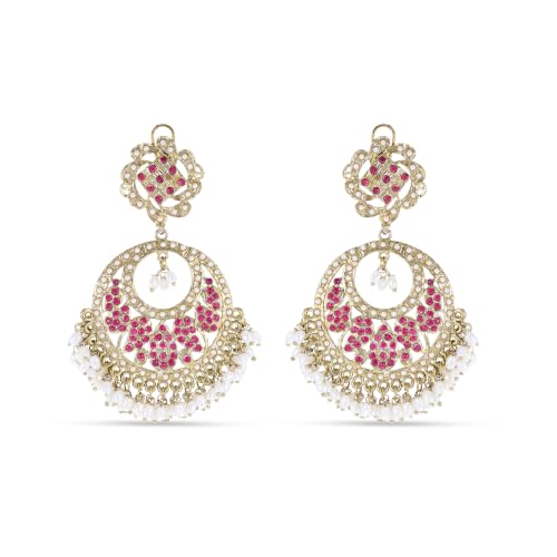 Image of Rubans Chandbali Earrings Kundan Pearl Beads Traditional Wedding Jewellery for Women & Girls