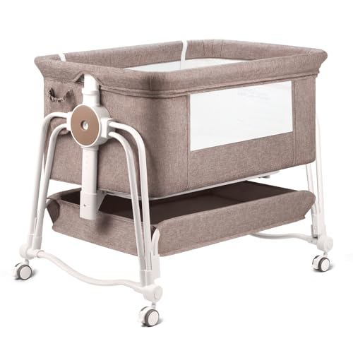 4 In 1 Baby Bassinet Bedside Sleeper, Rocking Bassinet for Baby, Bedside Sleeper with Wheels, Storage, Mosquito Net and matress included, 7 Level Adjustable Bedside Bassinet for Newborn Baby(Khaki)