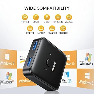 iDsonix USB 3.0 Switch 1 in 2 Out(2 in 1 Out) Bi-Directional, USB Switch 2 Computers Share 1 Device for Printer,Scanner,Keyboard, USB Sharing Switch with 2pcs A to A 3.3ft Cables
