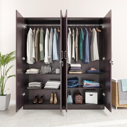 Image of VIKI Wardrobe | Wooden Almirah for 4 Door with Shelves & 2 Hanging Space Wardrobe (Dark Wenge - 40D x 160W x 180.8H) | 1 Year Warranty | Free Assembly
