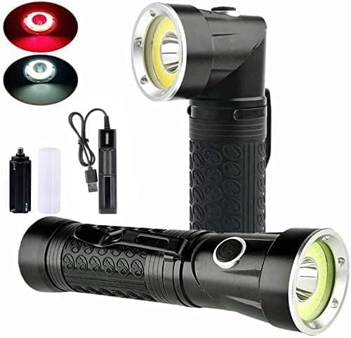 Garberiel T6+COB LED Magnetic Torch Handheld Flashlight 10000 Lumen 2 Color Lights (Red & White) 4 Modes 90° Rotation Work Light Rechargeable Powerful Portable for Camping Hiking Emergency
