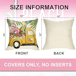 Hello Summer Decorative Throw Pillow Covers 18 x 18 Set of 4 Beach Sunny Yellow Truck Flip Flops Stripes Cushion Case Decor Tropical Hawaii Palm Leaves Seasonal Home Decoration