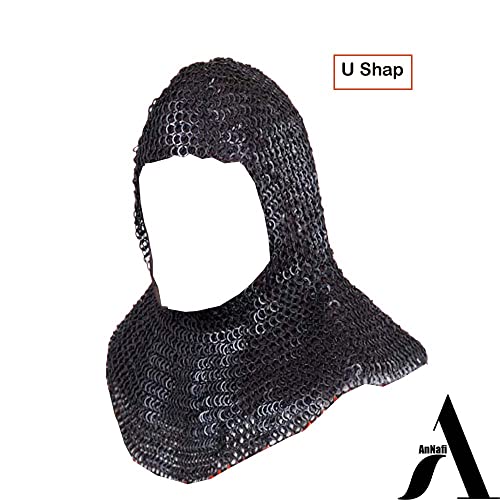 Image of AnNafi Chainmail Coif U-Neck Chain Mail Hood | Medieval Templar Crusader Re-enacment Armor Costume Halloween
