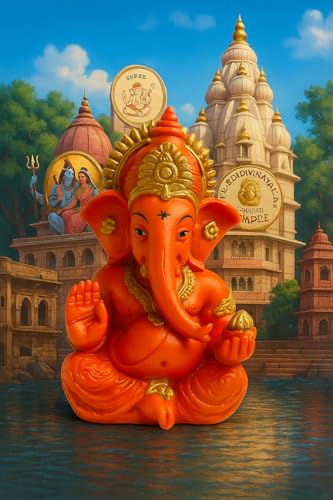 Image of ZYROO Lord Ganesha Idol for Home Temple | 10 cm Ganpati Murti for Pooja, Office Desk & Car Dashboard | Polyresin Ganesh Statue for Vastu, Meditation & Gift Decorative Statue, Orange and Gold