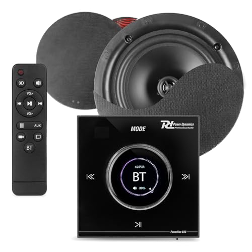 Powerline B50B Bluetooth Ceiling Speaker Kit with LCD Wall Amplifier, 2x 8 Black Low Profile Ceiling Speakers, Speaker Cable, Home Audio System