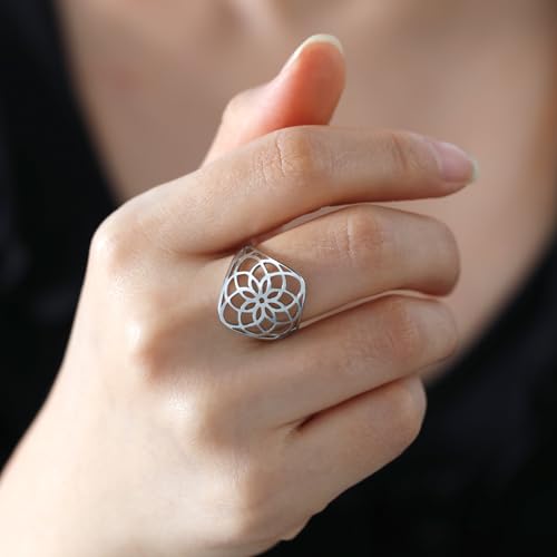 TEAMER Filigree Flower Ring Stainless Steel Elegant Bohemian Finger Ring Wedding Band Ring Exquisite Jewelry for Women3