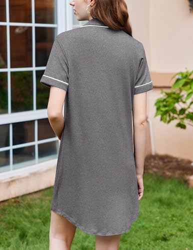 Image of Ekouaer Nightgowns for Women Button Down Sleepshirt Short Sleeve Nightshirt Boyfriend Pajamas V Neck Nightdress S-XXXL
