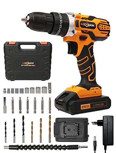 Perceuse sans fil, jeu de perceuses à percussion 21V avec chargeur, 2 batteries 1,5 Ah, 24 accessoires, 25 + 3 niveaux de couple, 40 Nm, 2 vitesses, éclairage LED Cover