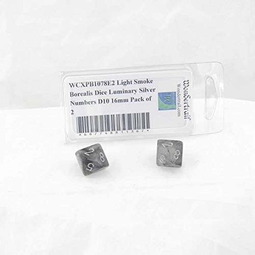 Light Smoke Borealis Dice Luminary with Silver Numbers D10 Aprox 16mm (5/8in) Pack of 2 Wondertrail