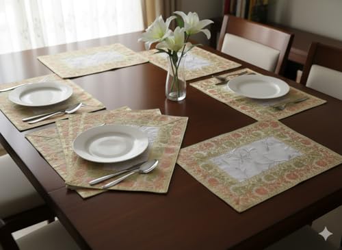 Image of Brocade Silk Placemats for Dinning Table 12 x 18 Inches Hand Embroidered, Set of 6 Decorative Placemats for Home (White)