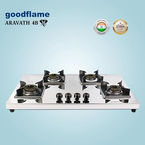 Image of goodflame Aravath 4 Burner Stainless Steel Gas Stove for Kitchen | Heavy 2MM SS Body | Brass Burners | 2 Year Warranty | ISI Certified | Manual Ignition | LPG Ready and PNG Compatible, (Silver)