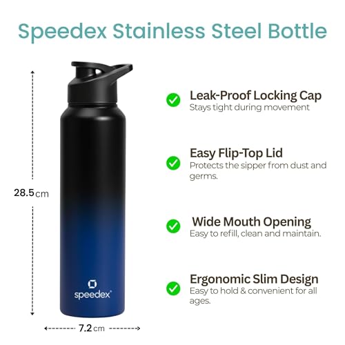 Image of Speedex Stainless Steel Water Bottle 1 Ltr, Leak Proof Sipper Cap, BIS Approved 1000 ml Metal Bottle For Daily, Office, School, Gym, Travel Use for Men, Women, Kids, Adults, Black Blue, Set of 4