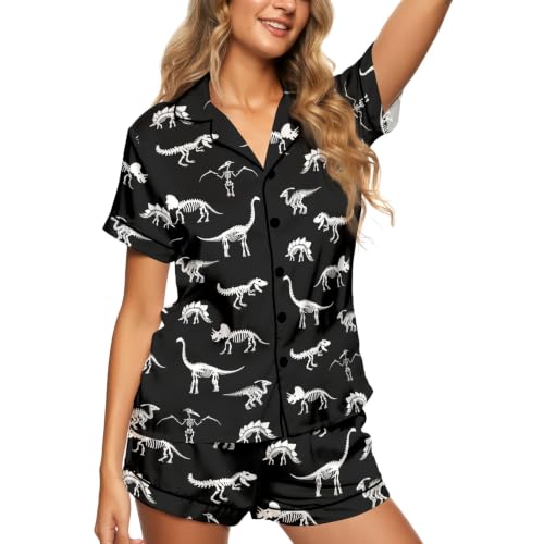 Image of Women's Satin Pajamas Set, Short-Sleeve Button Down Loungewear