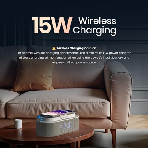 Image of Portronics String 16W HD Sound Bluetooth Speaker with 15W Wireless Charging, RGB LED Lights, Digital Clock with Alarm Setting, Built-in White Noise, USB /SD Card /AUX in, Type C Charging(White)