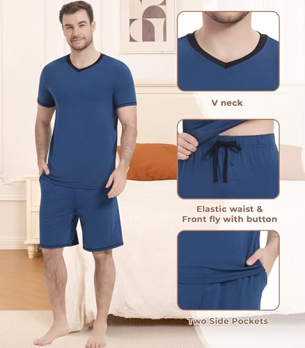Image of NACHILA Pajamas for Men Pj Short Sleeve Sleepwear with Shorts V Neck Loungewear Cool Pajama,Viscose Made from Bamboo