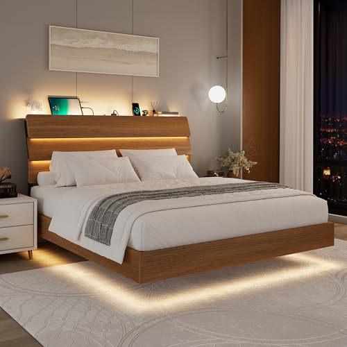 Feonase Floating Bed Frame Queen with Led Lights and Charging Station, Wood Full Size Bed Frame with...