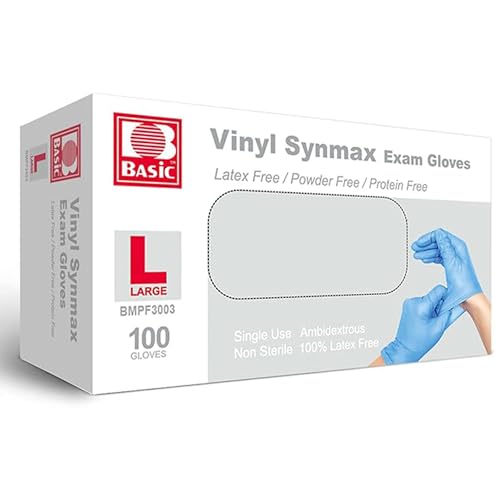 Basic Medical Synmax Vinyl Exam Gloves - Latex-Free & Powder-Free - Large, BMPF-3003 Blue Box of 100