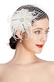 Coucoland Fascinators Hats for Women - Feather Fascinator Hair Clip with Detachable Veil Tea Party Hat Bridal Wedding Veil White