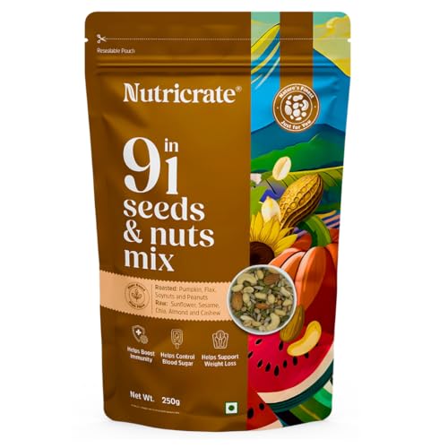 Image of Nutricrate 9 In 1 Dry Fruits & Seeds Mix - 250g - Chia, Pumpkin, Sunflower, Flax, Sesame, Peanuts, Almond, Cashew & Soy - Roasted Protein & Fibre Rich Seeds for Eating & Weight Loss (250g, Pack of 1)