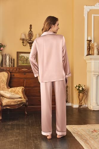 Image of Ekouaer Women's Classic Button Down Long Satin Silk Pajama Set
