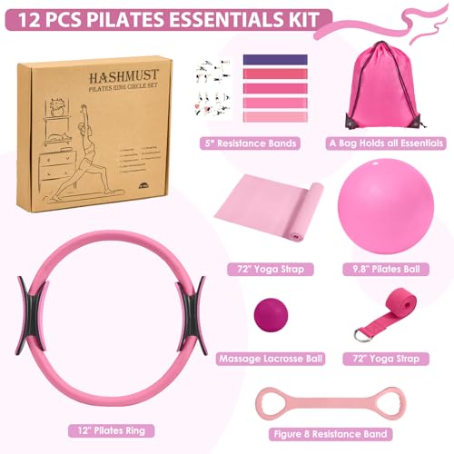 HASHMUST Pilates Equipment for Women Home Workout, Pilates Kit Ring and Ball Set with Pilates Ring, Resistance Bands, Massage Lacrosse. Full-Body Fitness Set for Toning Arms, Thighs Legs & Core, Pink by HASHMUST - Used condition - Image 2