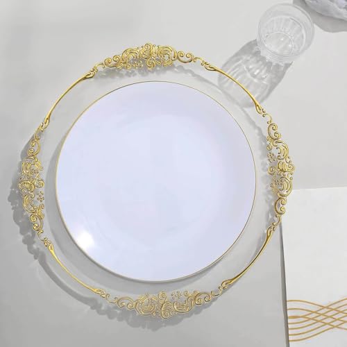 TCF Linen 10 Pack 10\" Plastic Dinner Plates, White Round Party Plates with Gold Rim, Disposable Tableware for Large Party Wedding Decor