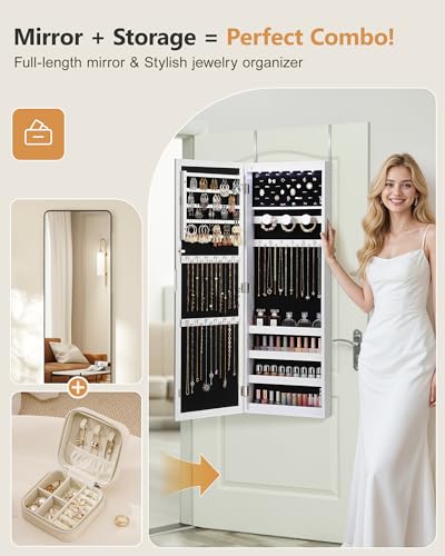 Nicetree 6 LEDs Mirror Jewelry Cabinet, Jewelry Organizer with Full Length Mirror, Wall/Door Mounted Jewelry Organizer, Full Length Mirror with Storge (Textured White)