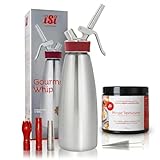 ISI Sahnespender 1l Edelstahl – Profi Sahnesyphon für Schlagsahne & Espuma – Gourmet Whip inkl 3 Tüllen & Reinigungsbürste – Sahnesiphon Flasche + Magic Texturizer