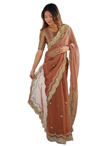 Image of Satrani Women's Shimmer Chiffon Sequins Embroidery Saree with Unstitched Blouse Piece