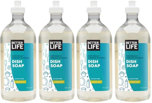 Image of Better Life Dish Soap - Liquid Dishwashing Soap with Vitamin E and Aloe for Home & Kitchen Sink - No Gloves Required Kitchen Soap for Sensitive Skin - 22oz (Pack of 4) Lemon Mint