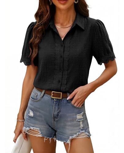 Image of siliteelon Womens Summer Button Down Lace Blouses Lapel Trim Dress Casual Shirts 2026 Fashion Business Short Sleeve Tops