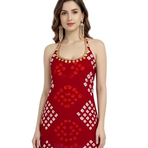 Image of Women's Rayon Bandhani Print Halter Neck Kurti, Red, Embellished Neckline, Ethnic