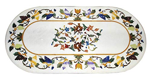 Pietra Dura White Marble Oval 48" X 30" Inch Dining Table Top, Fine Inaly Eating Breakfast Table Top, Indian Taj Mahal Marble Inlay Table Top, Piece Of Conversation, Family Heirloom #TOP1