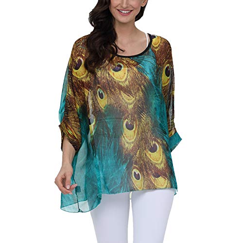 Image of Ckikiou Plus Size Batwing Flowy Semi Sheer Chiffon Blouse Tunic for Women Summer Floral Print Boho Beach Cover ups