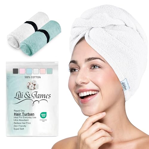 Lili&James white and aqua cotton hair turban with double button loop — the closure that anchors a heavy twist