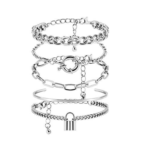 SRUCVOU 5 Pcs Chunky Padlock Charm Bracelet Set For Women Geometric Round Clasp Curb Chain Stackable Layered Punk Hip Hop Statement Wrist Jewelry (Silver)