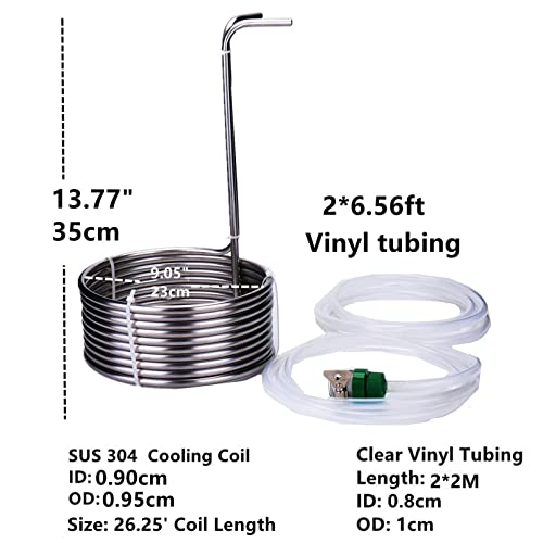Dkko Homebrew Beer Wort Chiller - Immersion Wort Chiller Beer Cooling Coil 26.25' (8M) Length Food Grade 304 Stainless Steel - Package With 2 * 2M Hoses, Fittings And Faucet Adapter #TOP7