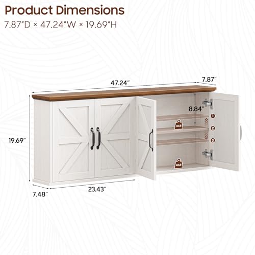 Image of Halitaa 47 inch Laundry Room Cabinets and Storage with 4 Doors and Utility Adjustable Shelf, Large Wall Mounted Storage Cabinet, Upper Kitchen Cabinet for Laundry, Bathroom, and Kitchen, White and Brown