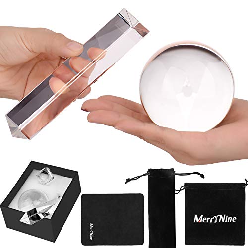 MerryNine 2 Pack K9 Optical Crystal Photography Kits, 80MM Lens Crystal Ball and 150MM Crystal Prism with Stand & Pouch, for Photography Teaching Light Spectrum Physics and Photo Prism Art Decor