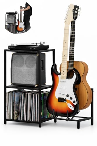 APEXORIGIN Record Player Stand with Guitar Stand, 3-Tier Turntable End Table for Small Spaces, Multiple Guitar Rack for Acoustic Electric Bass, Wood Side Table Holds 50 Albums
