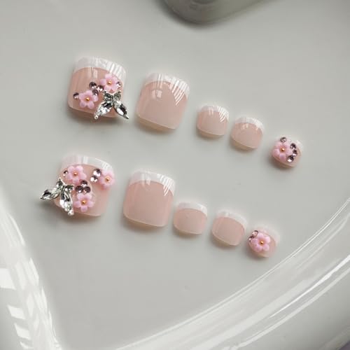Image of Summer Press on Toenails Flower Fake Toenails Square False Nails Butterfly with Design White French Tip Glue on Toenails Glossy Artificial Acrylic Full Cover Stick on Toes for Women Manicure 24Pcs