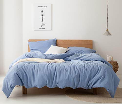 Get Discount Offer PY HOME & SPORTS Queen Duvet Cover Blue Set, 3 Pieces Washed Cotton Linen Textured Duvet Cover Set Included 1 Duvet Cover and 2 Pillowcases, Solid Color and Ultra Soft (Queen, Haze Blue)
