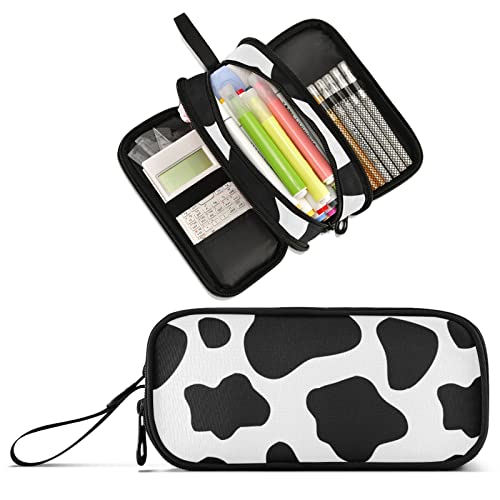 Image of Cow Print Large Capacity Pencil Case Pencil Pouch Pen Box | 3 Compartment Large Storage Pencil Bag for Adults School Office Teen Girl Boy Men Women