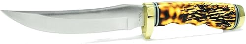 Uncle Henry 153UH Golden Spike Fixed Blade Knife with 5in High Carbon SS Blade Staglon Handle Sharpening Stone Full Tang and Leather Sheath for