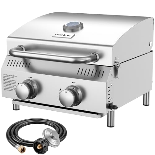 Veralune 2 Burner Tabletop Gas Grill, 22,000 BTUs Stainless Steel Portable Propane Grill with Legs, Built-in Thermometer, Travel Locks for Tailgating, Outdoor, Camping, RV Trips